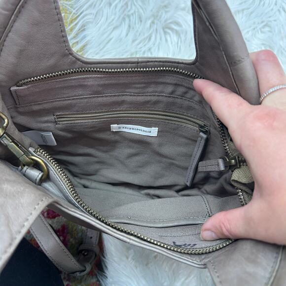 Anthropologie Neutral Brown Taupe Round Julien Leather Tote Bag Purse Minimalist - Picture 7 of 8